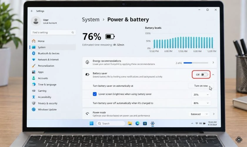 Kiểm tra trạng thái Battery saver (Tiết kiệm pin) hoặc chế độ tiết kiệm năng lượng