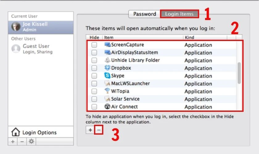 Vào tab Login Items sau đó chọn ứng dụng muốn đóng và nhấn (-)