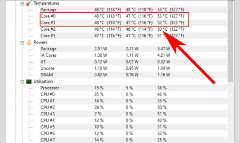 Mở phần mềm CPUID HWMonitor và tìm đến mục Temperatures