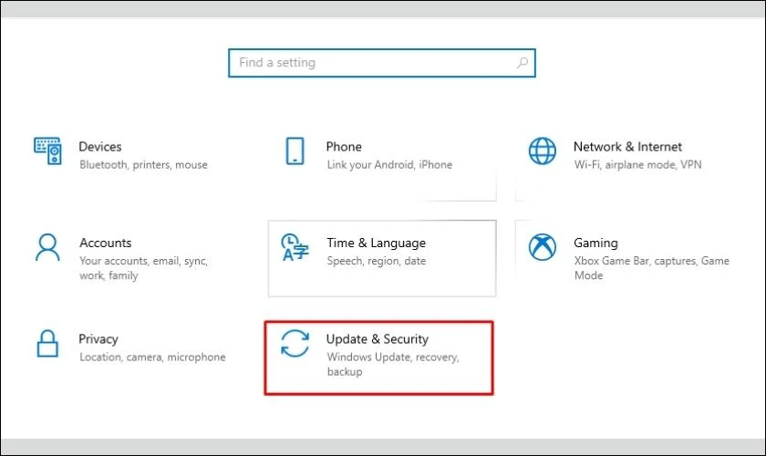 Chọn Update and Security