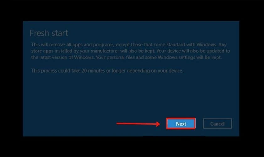 Chọn Next để xác nhận tiến hành tải và cài đặt lại Windows