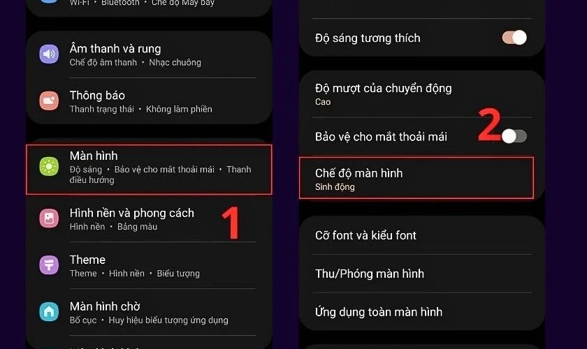 Vào Màn hình và chọn Chế độ màn hình