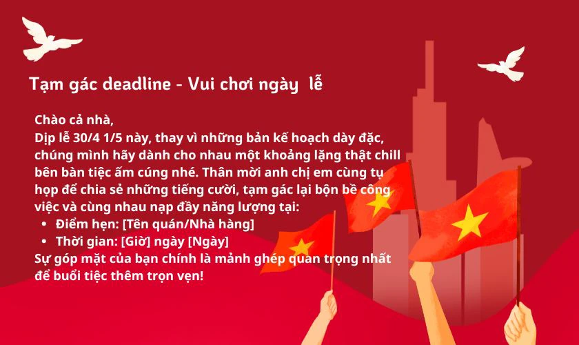 Mẫu mời tiệc liên hoan ngày lễ 30/4 1/5 gần gũi, ấm áp