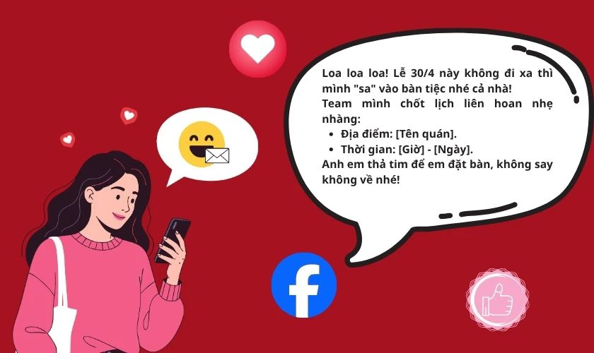 Mẫu mời tiệc liên hoan ngày lễ 30/4 1/5 qua tin nhắn Zalo, Facebook