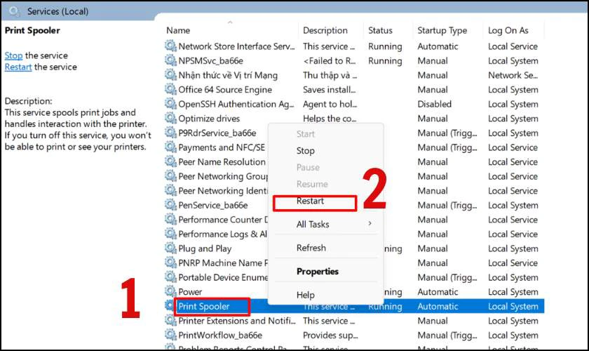 Sau đ&oacute; nhấp chuột phải v&agrave; chọn Restart