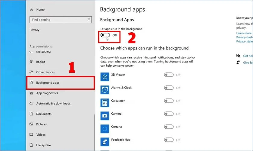 Vào Background apps, sau đó chuyển mục Let apps run in the background về trạng thái tắt