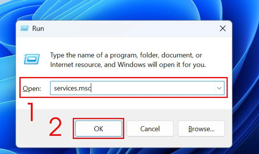 Trong hộp thoại Run, g&otilde; services.msc rồi nhấn OK