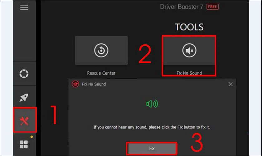 D&ugrave;ng tool Fix No Sound của Driver Booster