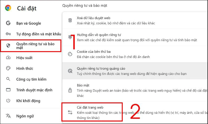 Chọn Quyền ri&ecirc;ng tư v&agrave; bảo mật, chọn C&agrave;i đặt trang web