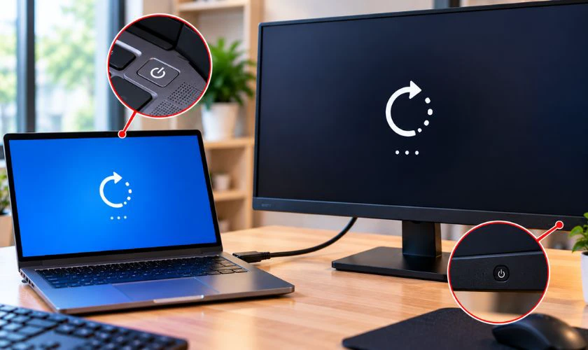 Khởi động lại máy tính và màn hình
