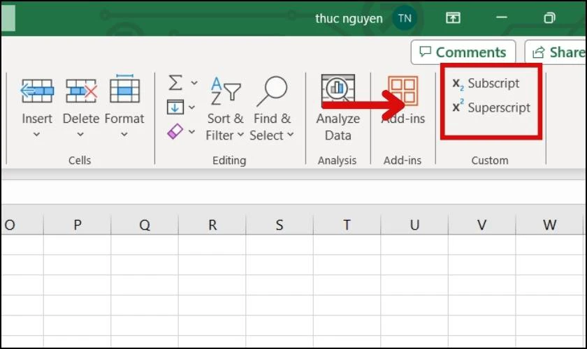 Thêm nút chỉ số trên, dưới vào thanh Quick Access Toolbar