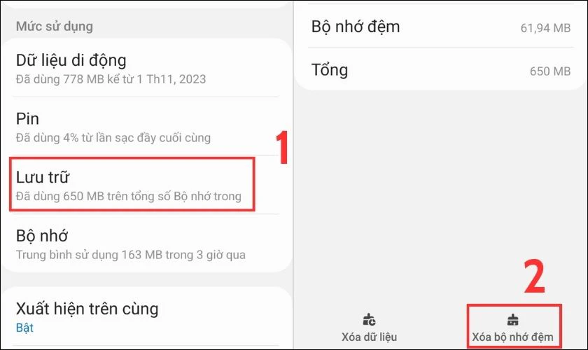 Ở phần n&agrave;y, bạn ấn v&agrave;o mục Lưu trữ rồi chọn X&oacute;a bộ nhớ đệm l&agrave; ho&agrave;n tất