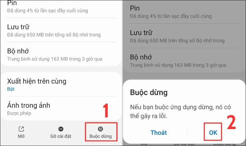 Tại đ&acirc;y, bạn nhấn v&agrave;o mục Buộc dừng v&agrave; x&aacute;c nhận đồng &yacute; bằng c&aacute;ch chọn OK