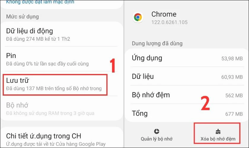 Bạn lướt xuống v&agrave; chọn mục Lưu trữ, sau đ&oacute; bạn ấn X&oacute;a bộ nhớ đệm