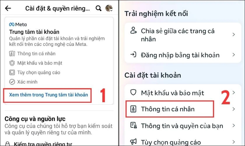 Trong phần n&agrave;y, bạn chọn Xem th&ecirc;m trong Trung t&acirc;m t&agrave;i khoản, tiếp tục v&agrave;o Th&ocirc;ng tin c&aacute; nh&acirc;n
