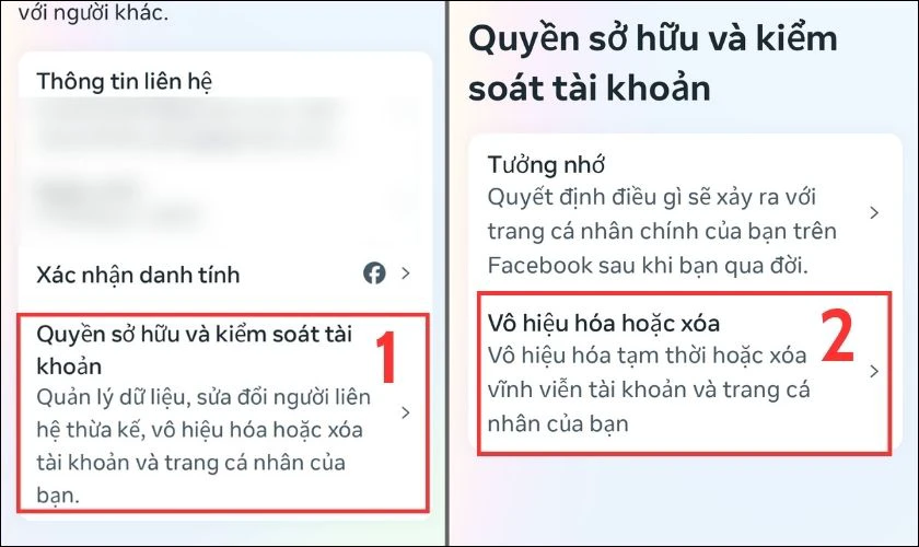 Bạn ấn v&agrave;o Quyền sở hữu v&agrave; kiểm so&aacute;t t&agrave;i khoản, sau đ&oacute; chọn V&ocirc; hiệu h&oacute;a hoặc x&oacute;a