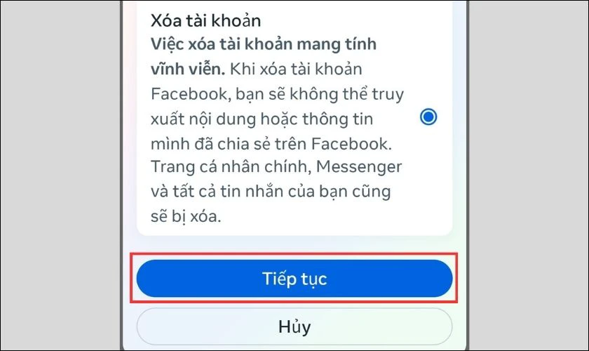 Tiếp theo, bạn nhấn v&agrave;o trang c&aacute; nh&acirc;n m&agrave; bạn muốn x&oacute;a, chọn X&oacute;a t&agrave;i khoản rồi ấn Tiếp tục