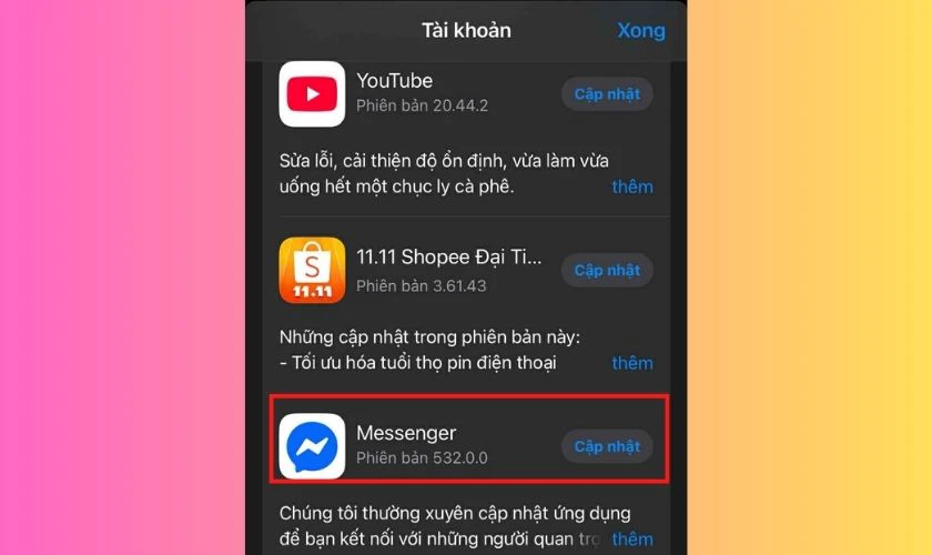 Bấm chọn Cập nhật để tải phiên bản mới nhất