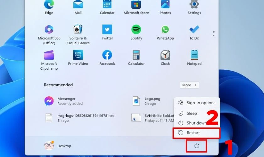 Nhấn nút Windows trên bàn phím, bấm vào nút nguồn và chọn Restart