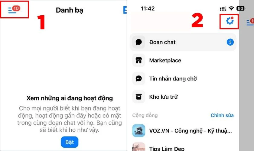 Tại giao diện Messenger, bấm v&agrave;o phần 3 dấu gạch ngang g&oacute;c tr&ecirc;n b&ecirc;n tr&aacute;i m&agrave;n h&igrave;nh, chọn biểu tượng C&agrave;i đặt