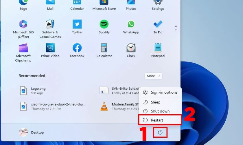 Chọn biểu tượng n&uacute;t nguồn rồi nhấn v&agrave;o Restart