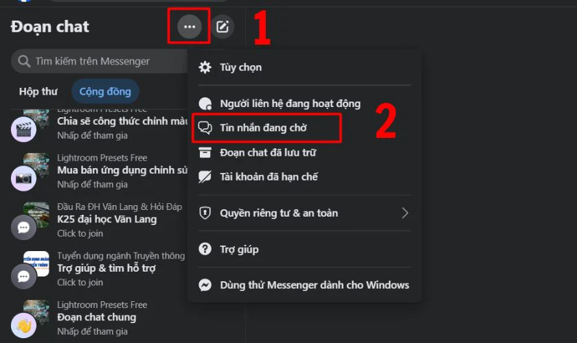 Kiểm tra mục Tin nhắn chờ trên Messenger máy tính để xem tin nhắn bị mất