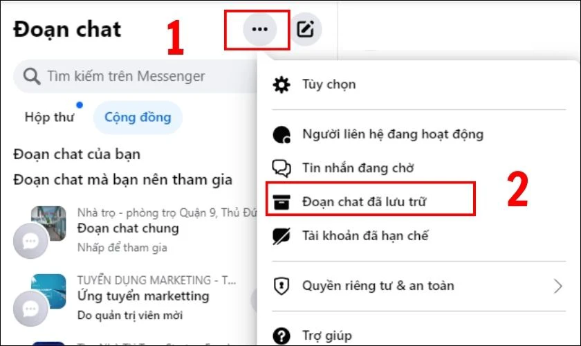 Tìm kiếm trong mục Kho lưu trữ của Messenger trên máy tính để xem tin nhắn bị mất