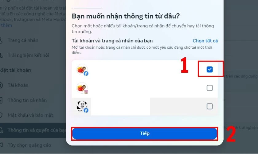 Chọn trang Facebook của bạn rồi nhấn Tiếp