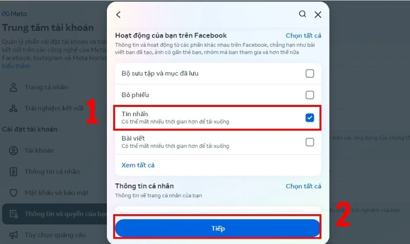 Chọn Tin nhắn và nhấn Tiếp