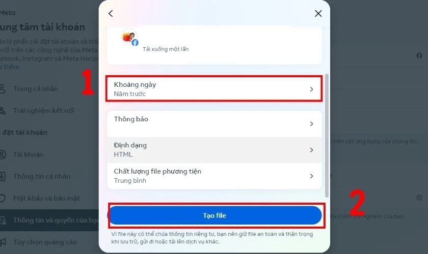 Chọn Khoảng ngày mà bạn muốn tải rồi nhấn Tạo file
