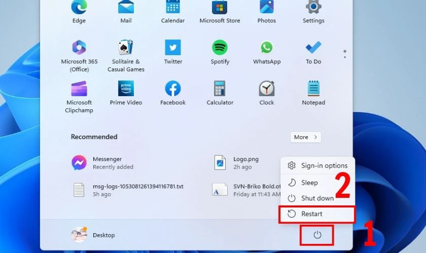 Nhấn nút Windows, chọn Power, sau đó chọn Restart