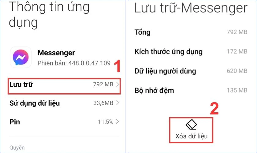 Chọn v&agrave;o mục Lưu trữ rồi nhấn X&oacute;a dữ liệu