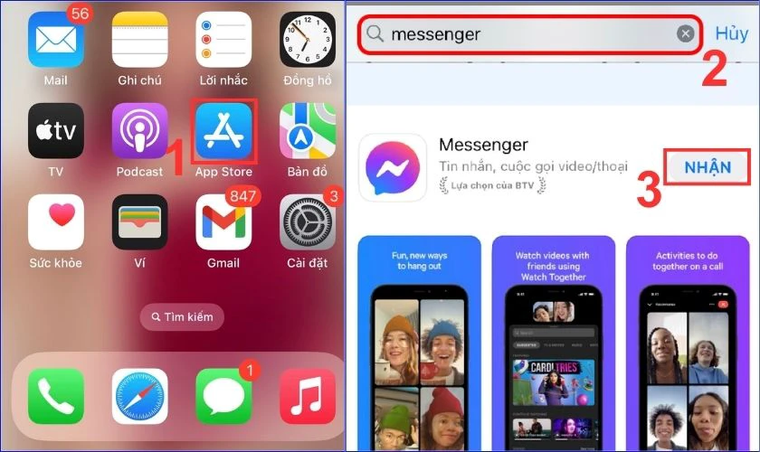 Nhập v&agrave;o thanh t&igrave;m kiếm &ldquo;Messenger&rdquo; v&agrave; chọn Nhận để tải lại ứng dụng