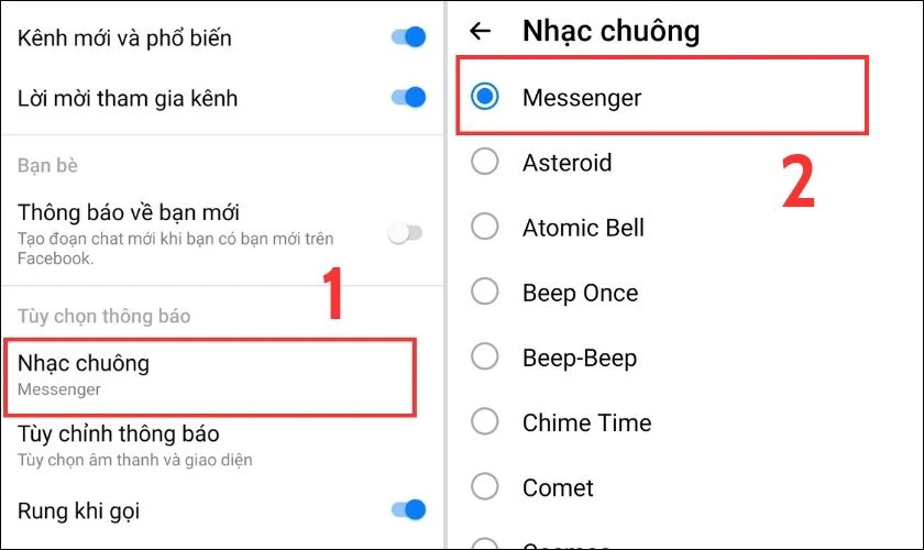 Bấm chọn Nhạc chuông để chọn âm thnah yêu thích cho thông báo Messenger