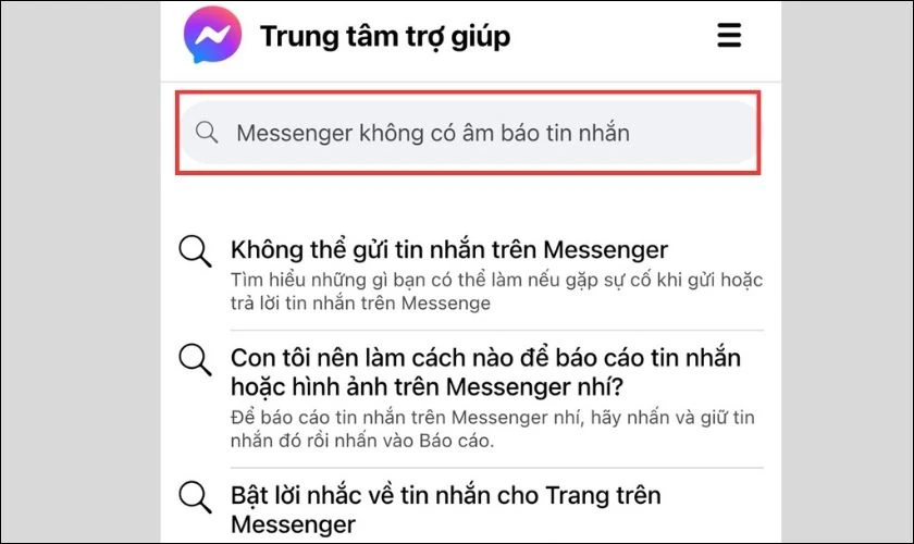Gõ từ khoá messenger không có âm báo tin nhắn lên thanh tìm kiếm