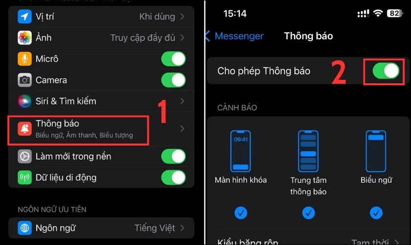 Ấn vào nút gạt bên cạnh mục Cho phép thông báo để bật toàn bộ thông báo cho Messenger