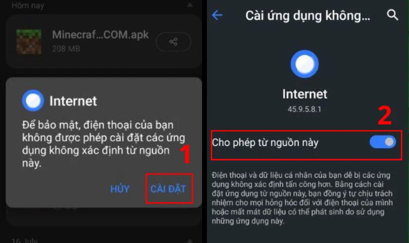 Sau đ&oacute;, bạn cho ph&eacute;p C&agrave;i đặt ứng dụng từ nguồn kh&ocirc;ng x&aacute;c định