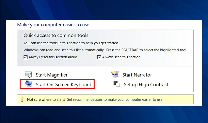 T&igrave;m v&agrave; nhấp v&agrave;o Start On-Screen Keyboard