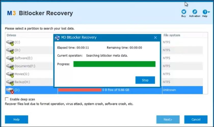 Phần mềm sẽ bắt đầu quét các tệp từ ổ cứng bị khóa bởi BitLocker