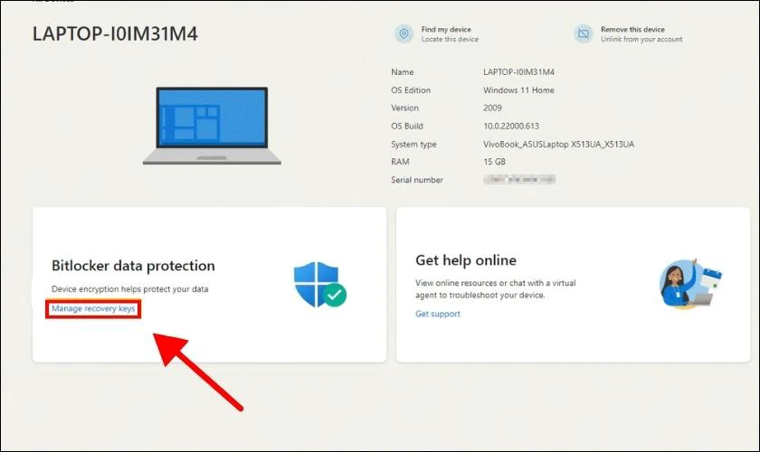 Nhấn vào mục Manage recovery keys trong phần BitLocker data protection
