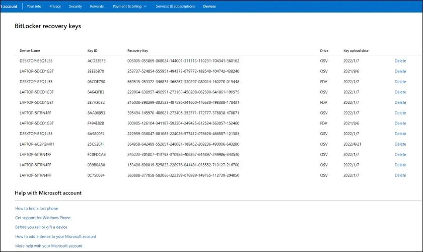 Danh sách BitLocker Recovery Key được hiển thị