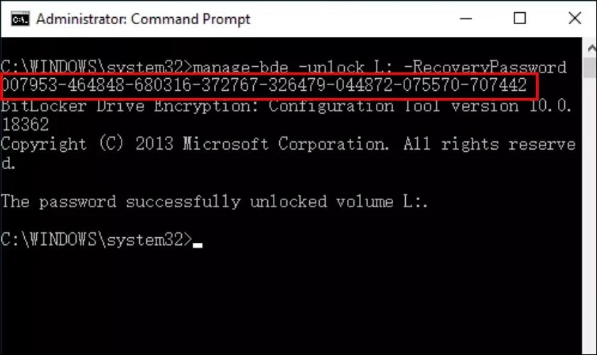 Nhấn Enter để hoàn tất mở khóa BitLocker