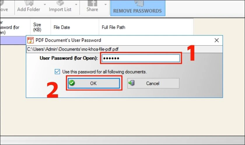 Nhập nhập khẩu của file PDF và chọn OK
