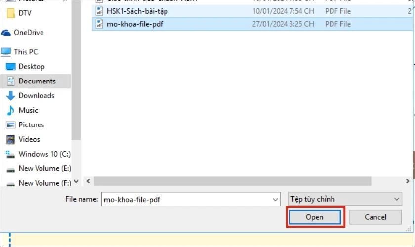 Chọn file PDF muốn xóa mật khẩu và nhấn Open