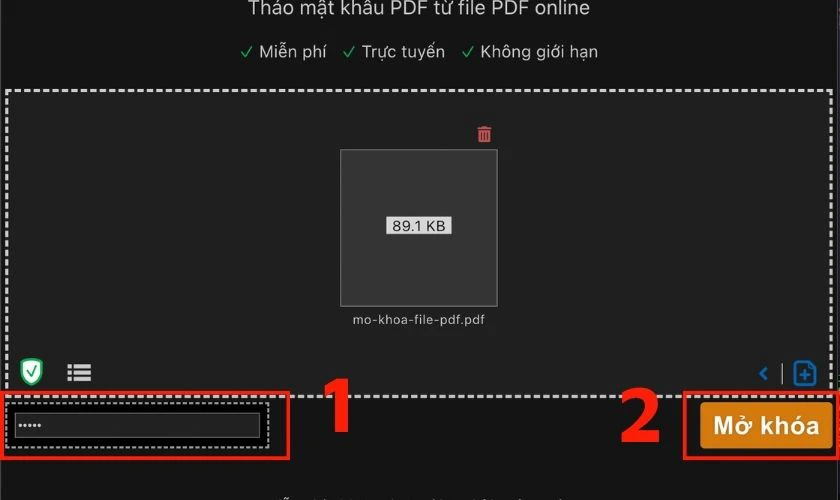 Nhập mật khẩu hiện tại và click chọn Mở khoá