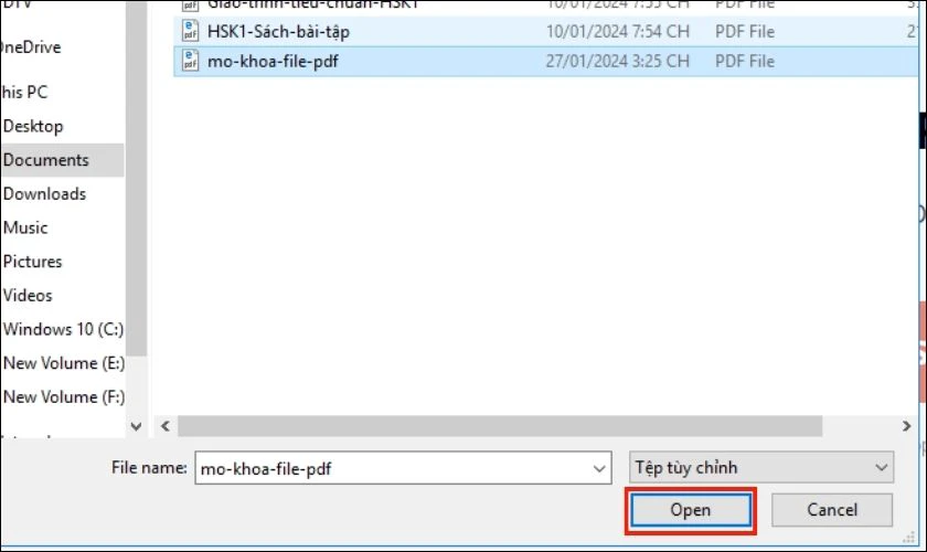 Chọn tập tin PDF, nhấn Open và đợi tải