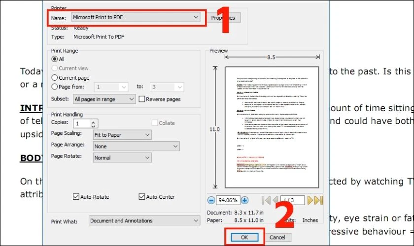 Chọn Microsoft Print PDF và nhấn OK