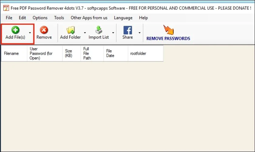 Mở khóa file PDF không cho chỉnh sửa in ấn thông qua click Add File