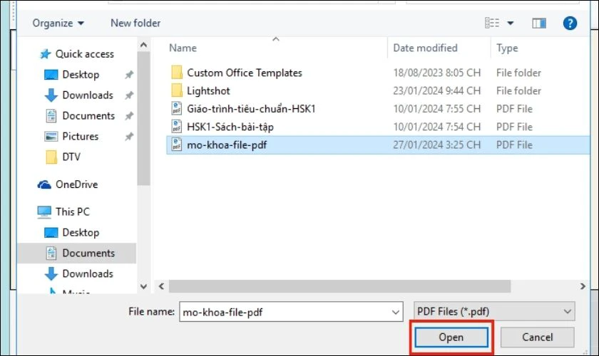 Chọn file PDF bị khoá và click chọn Open