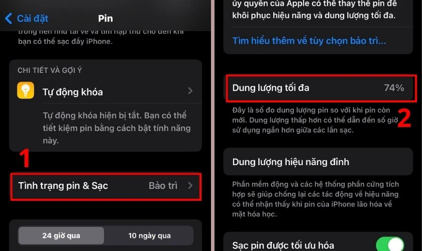 Nhấn vào ô Tình trạng pin & Sạc để xem phần trăm hiệu năng pin còn lại